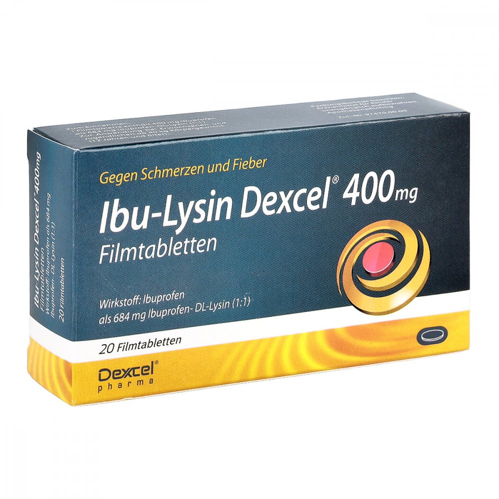 Das Produktfoto zeigt Ibu-Lysin Dexcel 400 Mg Filmtabletten (20 stk) PZN 08454640
