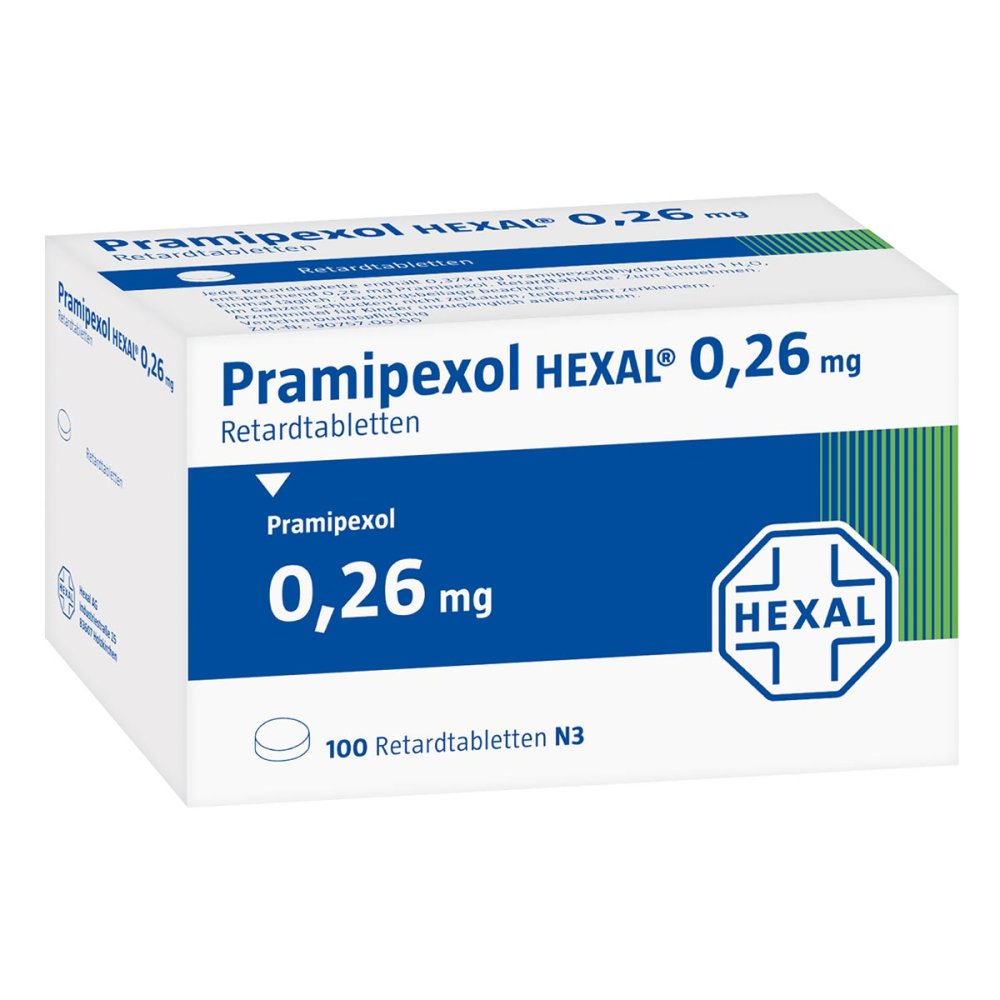 Das Produktfoto zeigt Pramipexol Hexal 0,26 Mg Retardtabletten (100 stk) PZN 08454924