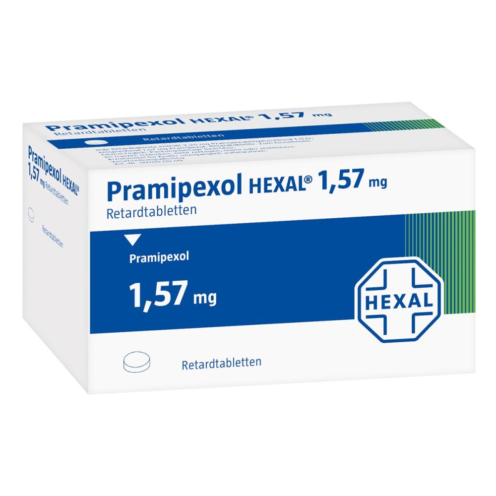 Das Produktfoto zeigt Pramipexol Hexal 1,57 Mg Retardtabletten (30 stk) PZN 08455013