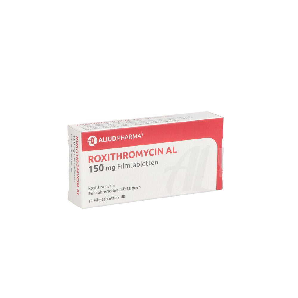 Das Produktfoto zeigt Roxithromycin Al 150 Mg Filmtabletten (14 stk) PZN 08457555