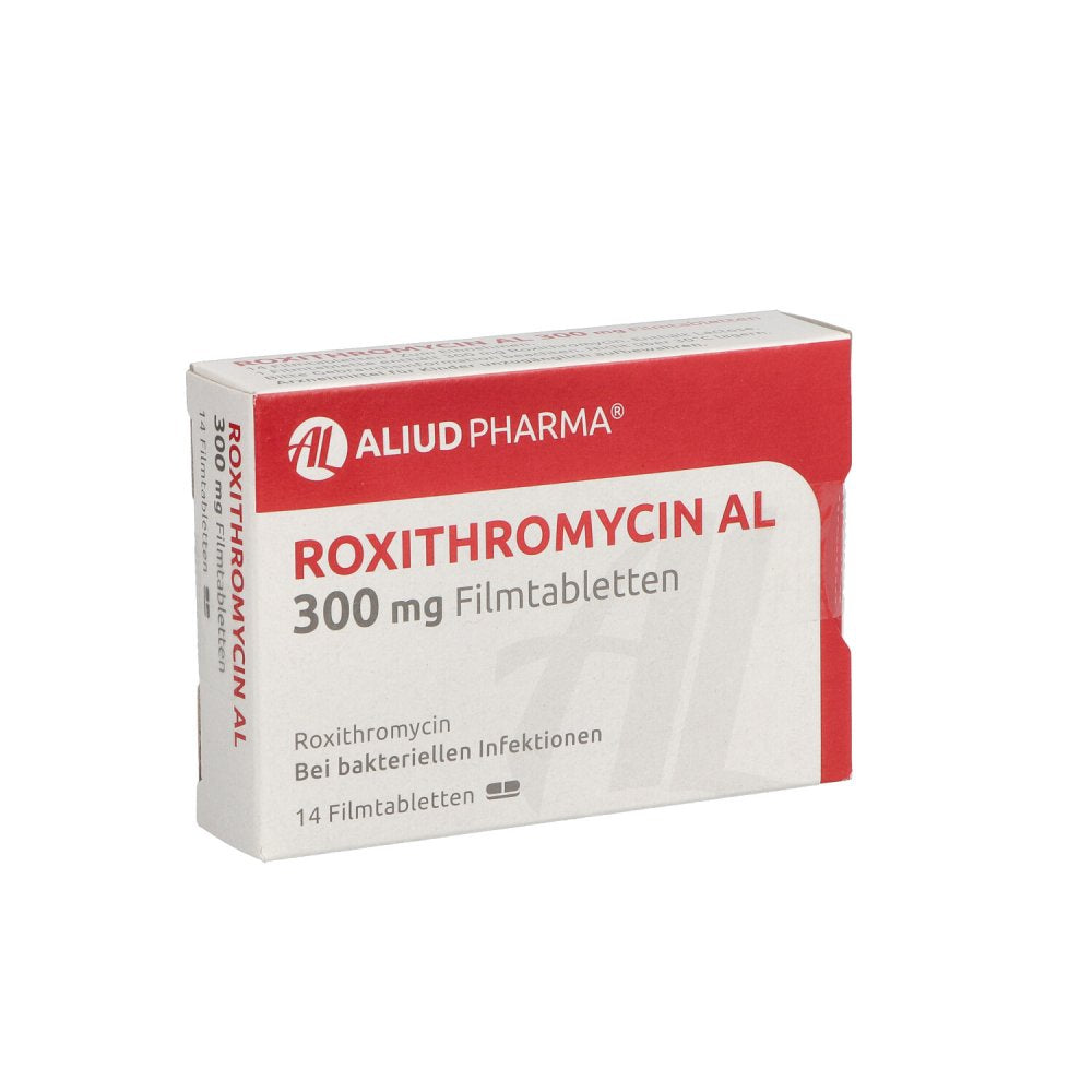 Das Produktfoto zeigt Roxithromycin Al 300 Mg Filmtabletten (14 stk) PZN 08457578