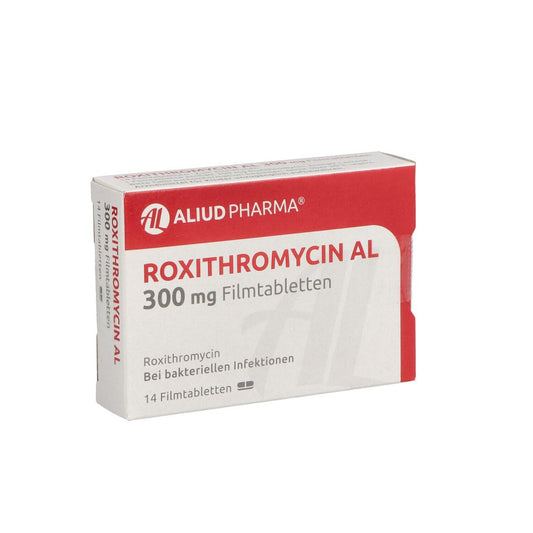 Das Produktfoto zeigt Roxithromycin Al 300 Mg Filmtabletten (14 stk) PZN 08457578