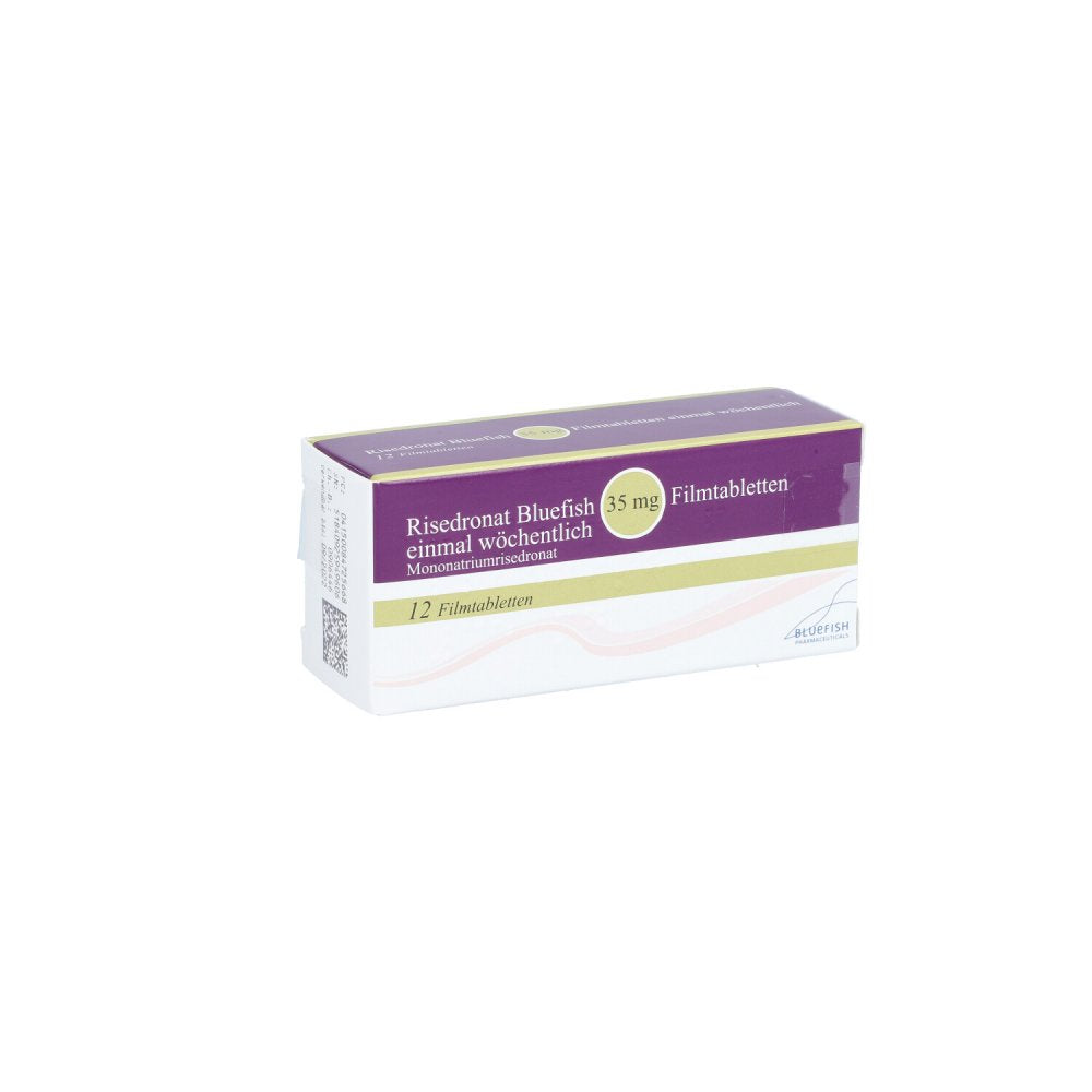 Das Produktfoto zeigt Risedronat Bluefish 35 Mg Filmtabletten (12 stk) PZN 08472566