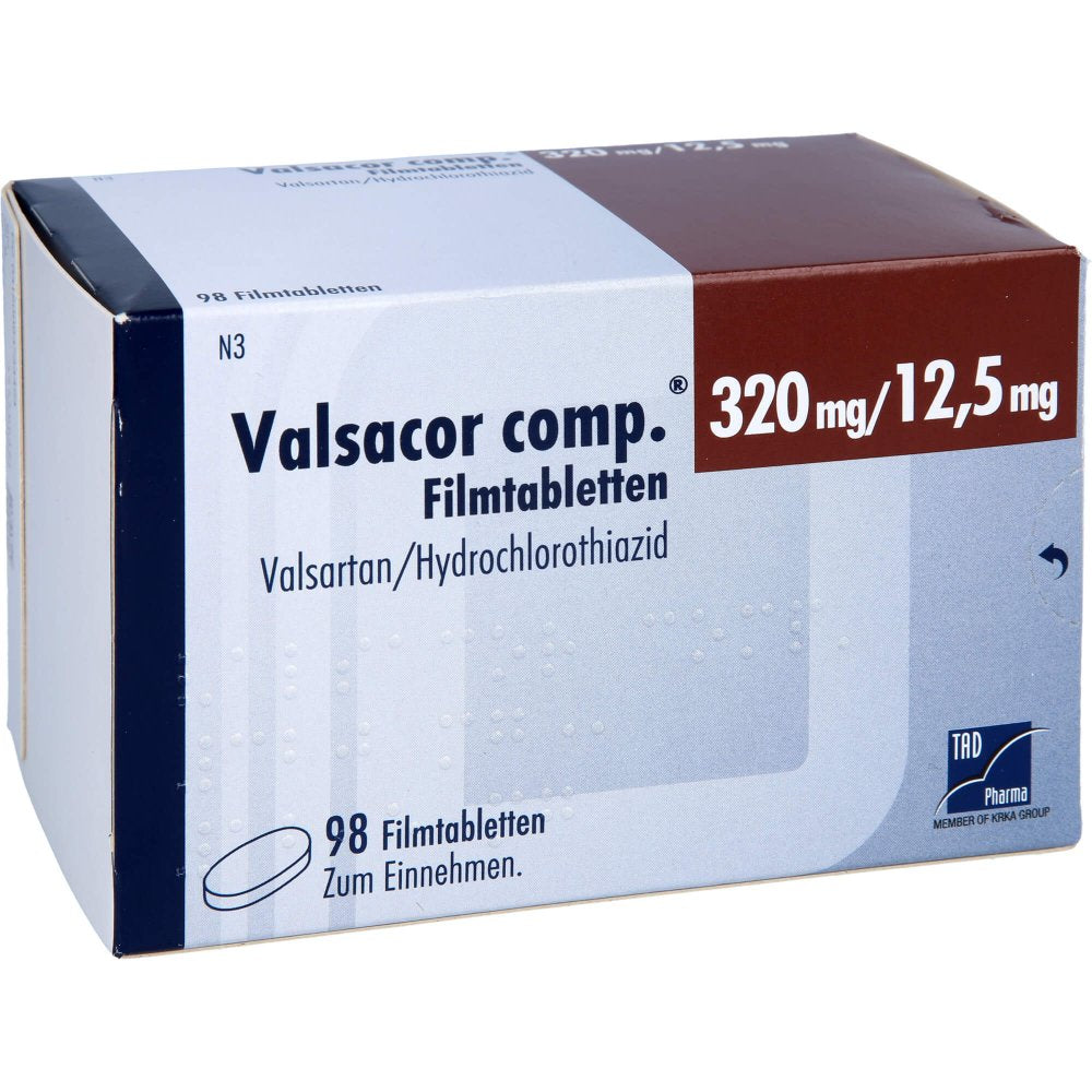 Das Produktfoto zeigt Valsacor Comp.320 Mg/12,5 Mg Filmtabletten (98 stk) PZN 08473442