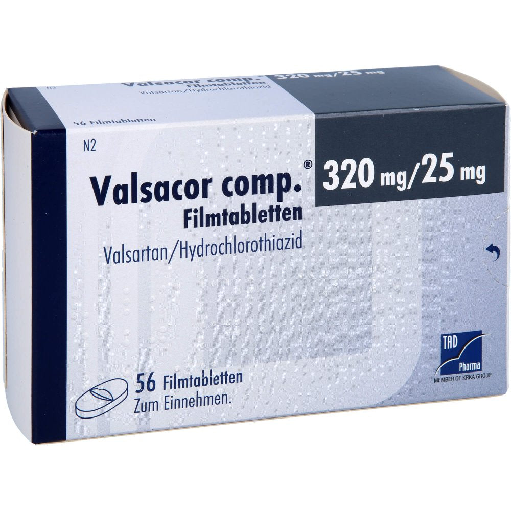 Das Produktfoto zeigt Valsacor Comp.320 Mg/25 Mg Filmtabletten (56 stk) PZN 08473471