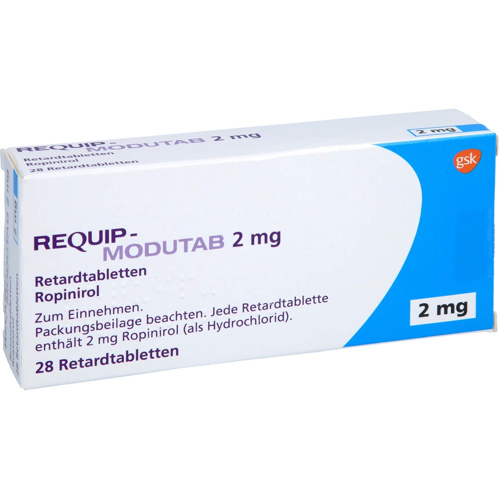 Das Produktfoto zeigt Requip-Modutab 2 Mg Retardtabletten (28 stk) PZN 08474565