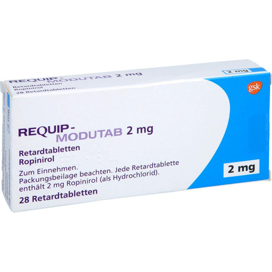 Das Produktfoto zeigt Requip-Modutab 2 Mg Retardtabletten (28 stk) PZN 08474565