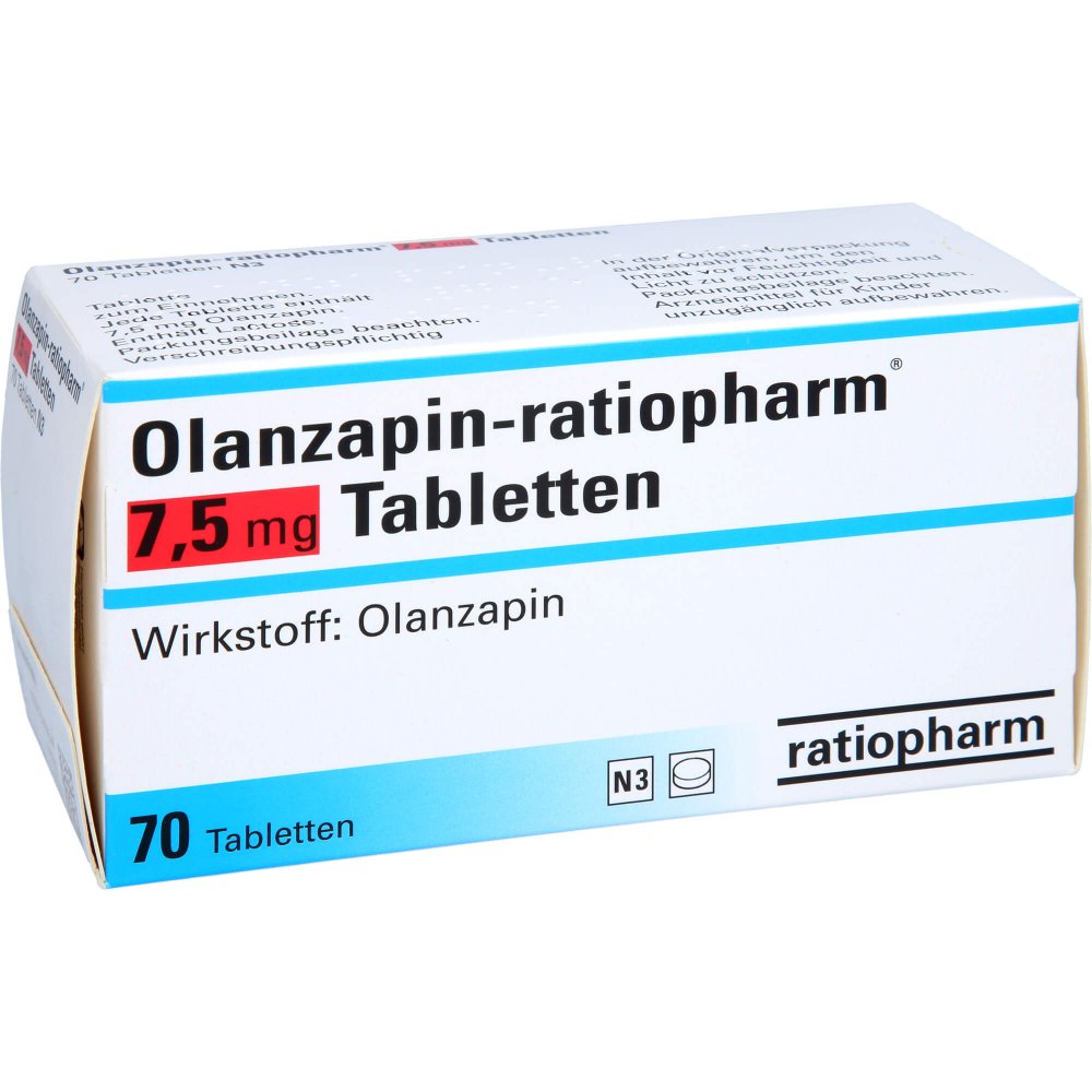 Das Produktfoto zeigt Olanzapin-Ratiopharm 7,5 Mg Tabletten (70 stk) PZN 08474766