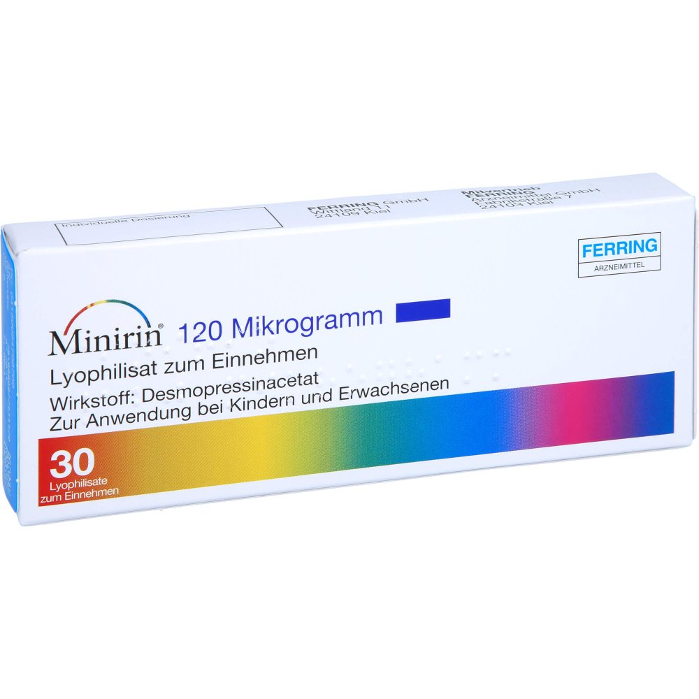 Das Produktfoto zeigt Minirin 120 Mikrogramm Lyophilisat Zum Einnehmen (30 stk) PZN 08479870