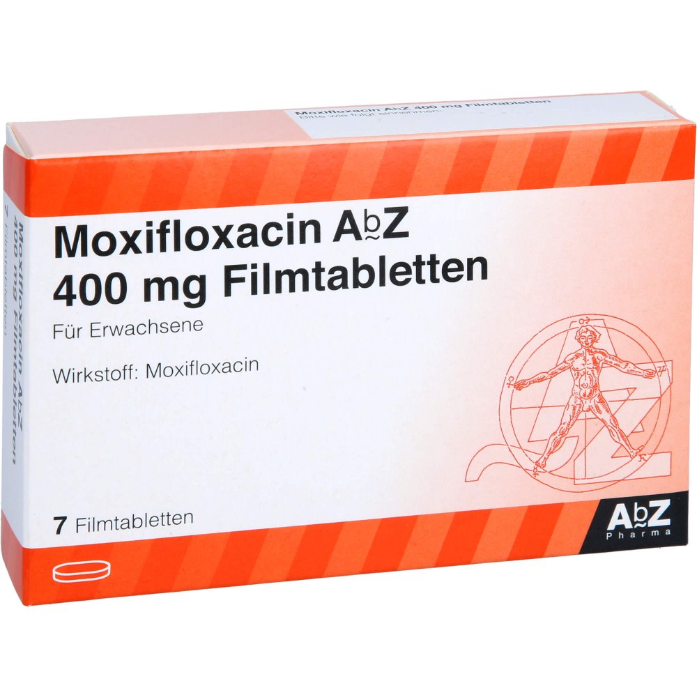 Das Produktfoto zeigt Moxifloxacin Abz 400 Mg Filmtabletten (7 stk) PZN 08502787