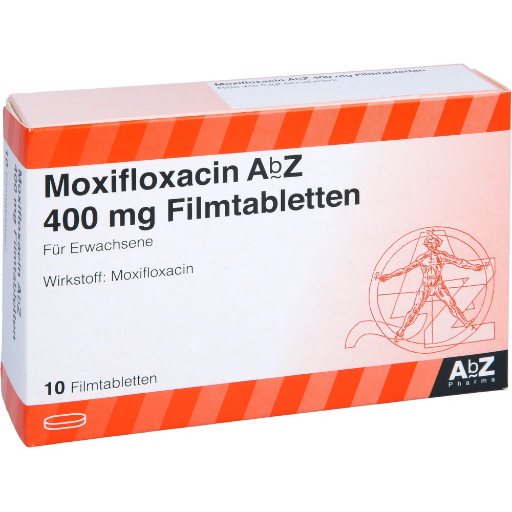 Das Produktfoto zeigt Moxifloxacin Abz 400 Mg Filmtabletten (10 stk) PZN 08502988