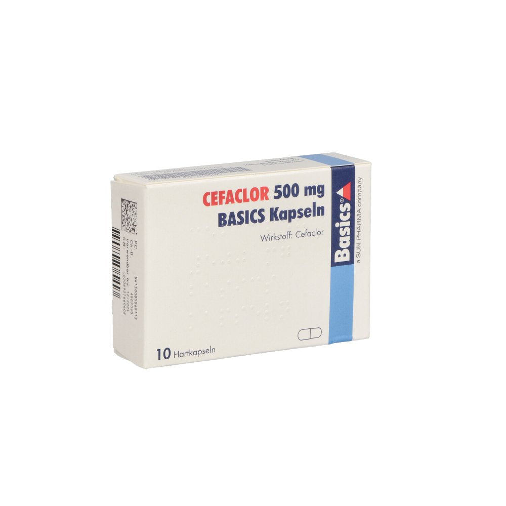 Das Produktfoto zeigt Cefaclor 500 Mg Basics Hartkapseln (10 stk) PZN 08506911