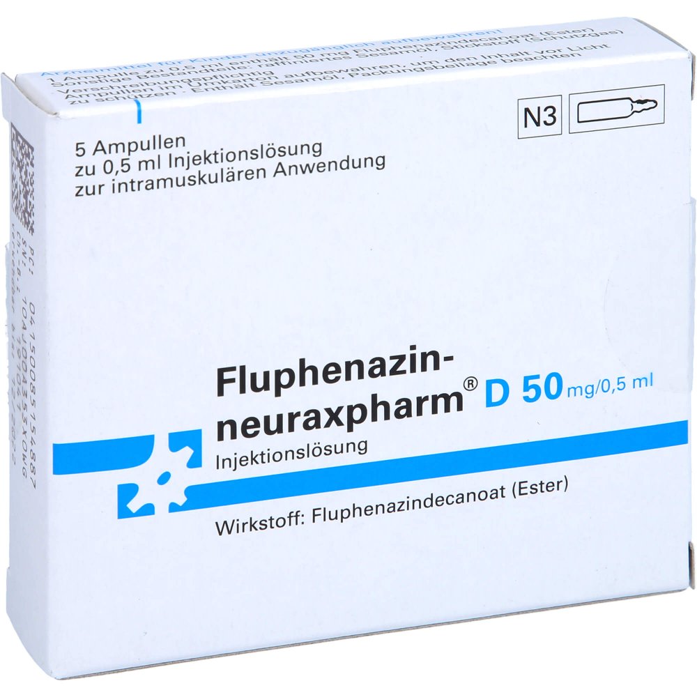 Das Produktfoto zeigt Fluphenazin-Neuraxpharm D 50 Mg/0,5 Ml Iim (5X0.5 ml) PZN 08515488
