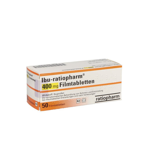 Das Produktfoto zeigt Ibu-Ratiopharm 400 Mg Filmtabletten (50 stk) PZN 08531286