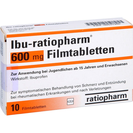 Das Produktfoto zeigt Ibu-Ratiopharm 600 Mg Filmtabletten (10 stk) PZN 08531300