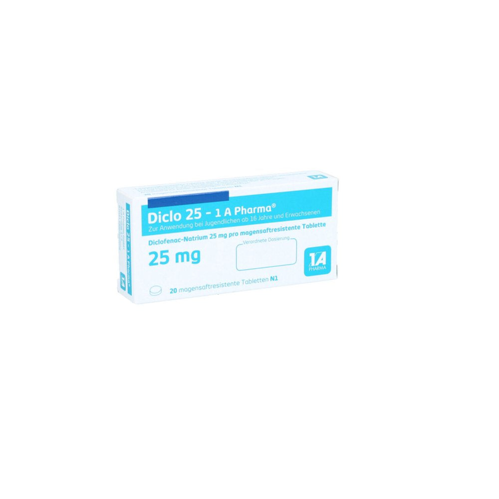 Das Produktfoto zeigt Diclo 25-1a Pharma Magensaftresistente Tabletten (20 stk) PZN 08533629