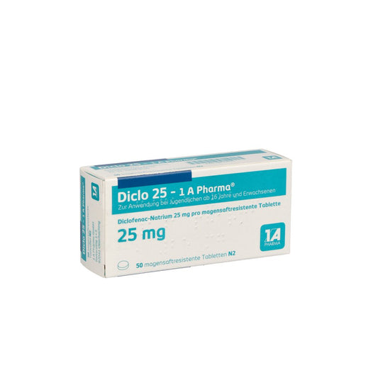 Das Produktfoto zeigt Diclo 25-1a Pharma Magensaftresistente Tabletten (50 stk) PZN 08533635