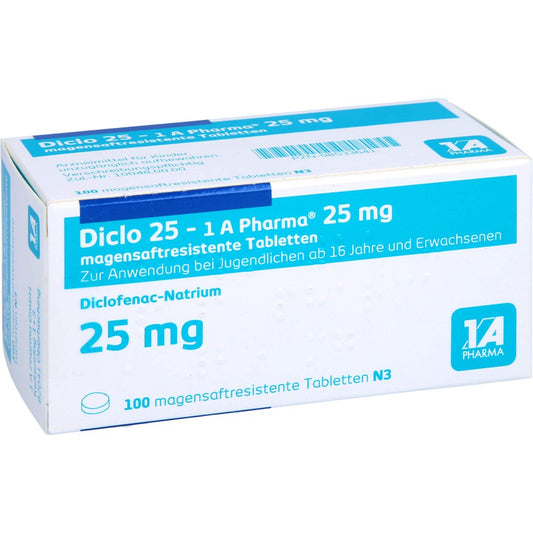 Das Produktfoto zeigt Diclo 25-1a Pharma Magensaftresistente Tabletten (100 stk) PZN 08533641