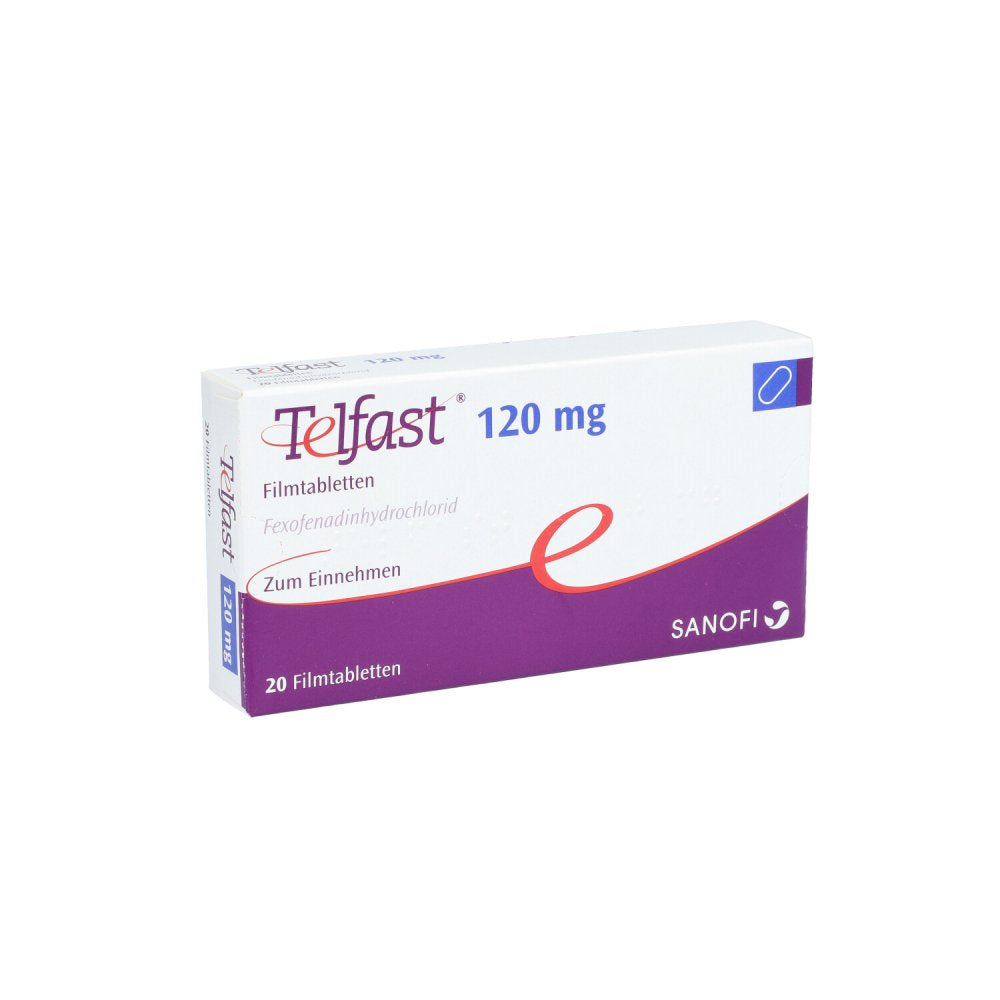 Das Produktfoto zeigt Telfast 120 Mg Filmtabletten (20 stk) PZN 08540322