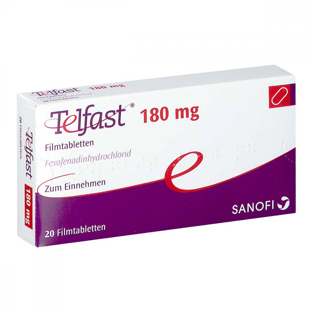 Das Produktfoto zeigt Telfast 180 Mg Filmtabletten (20 stk) PZN 08540368
