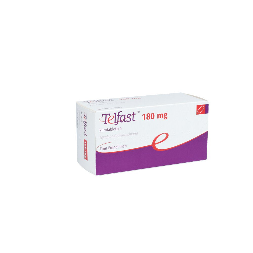Das Produktfoto zeigt Telfast 180 Mg Filmtabletten (50 stk) PZN 08540374