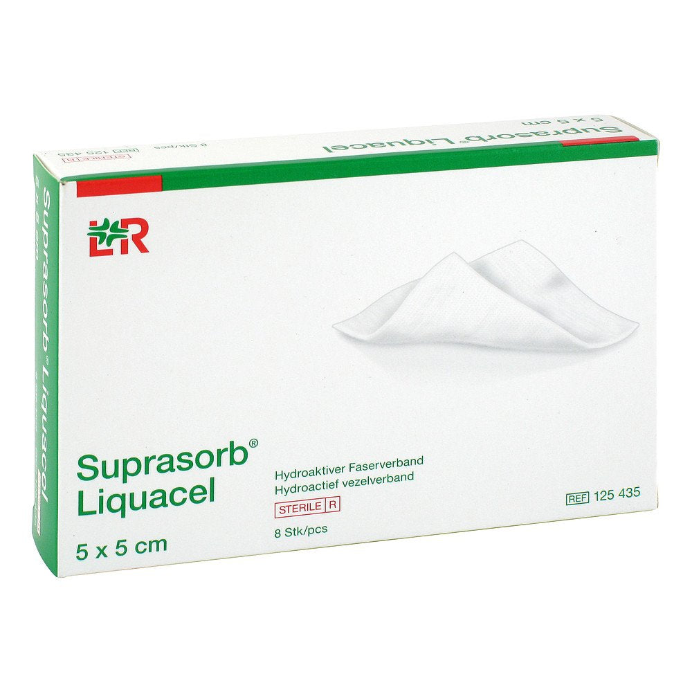 Das Produktfoto zeigt Suprasorb Liquacel Hydroakt.Faserverb.5x5 Cm (8 stk) PZN 08561873