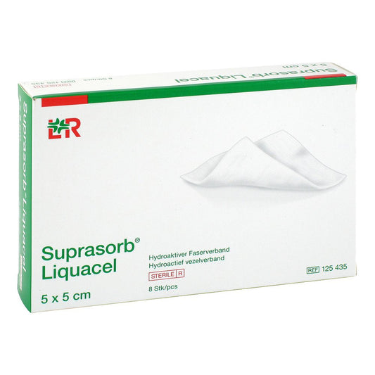 Das Produktfoto zeigt Suprasorb Liquacel Hydroakt.Faserverb.5x5 Cm (8 stk) PZN 08561873