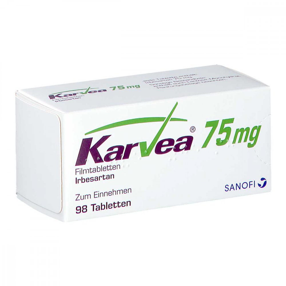 Das Produktfoto zeigt Karvea 75 Mg Filmtabletten (98 stk) PZN 08588398