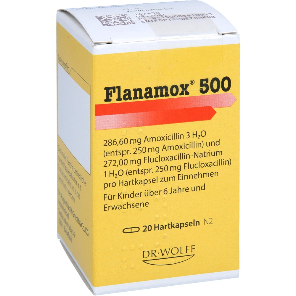 Das Produktfoto zeigt Flanamox 500 Hartkapseln (20 stk) PZN 08591093