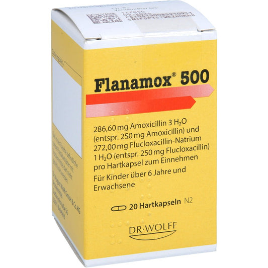 Das Produktfoto zeigt Flanamox 500 Hartkapseln (20 stk) PZN 08591093