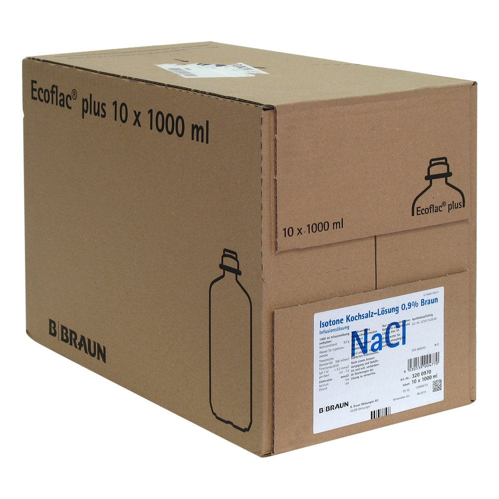 Das Produktfoto zeigt Isotone Kochsalz-Lösung 0,9% Braun Ecoflac Plus (10X1000 ml) PZN 08609261