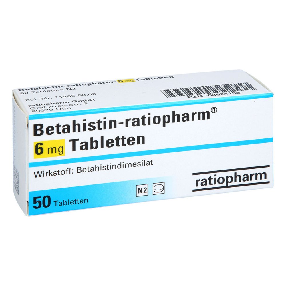 Das Produktfoto zeigt Betahistin-Ratiopharm 6 Mg Tabletten (50 stk) PZN 08621138