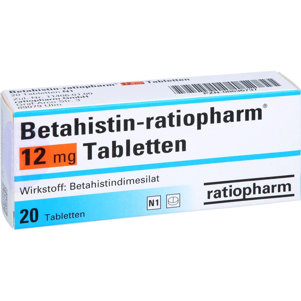 Das Produktfoto zeigt Betahistin-Ratiopharm 12 Mg Tabletten (20 stk) PZN 08636737