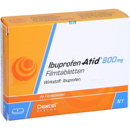 Das Produktfoto zeigt Ibuprofen Atid 800 Mg Filmtabletten (20 stk) PZN 08648048