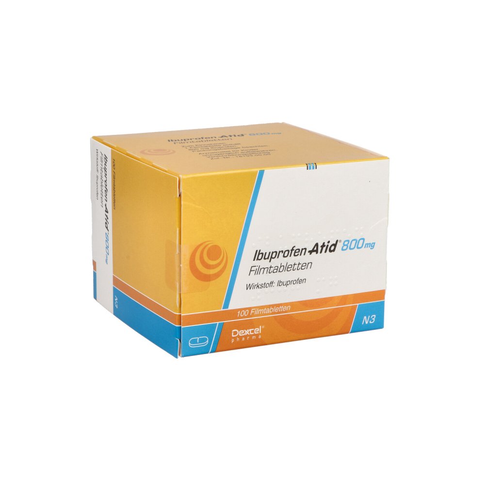 Das Produktfoto zeigt Ibuprofen Atid 800 Mg Filmtabletten (100 stk) PZN 08648060