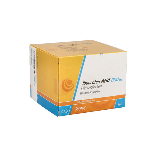 Das Produktfoto zeigt Ibuprofen Atid 800 Mg Filmtabletten (100 stk) PZN 08648060