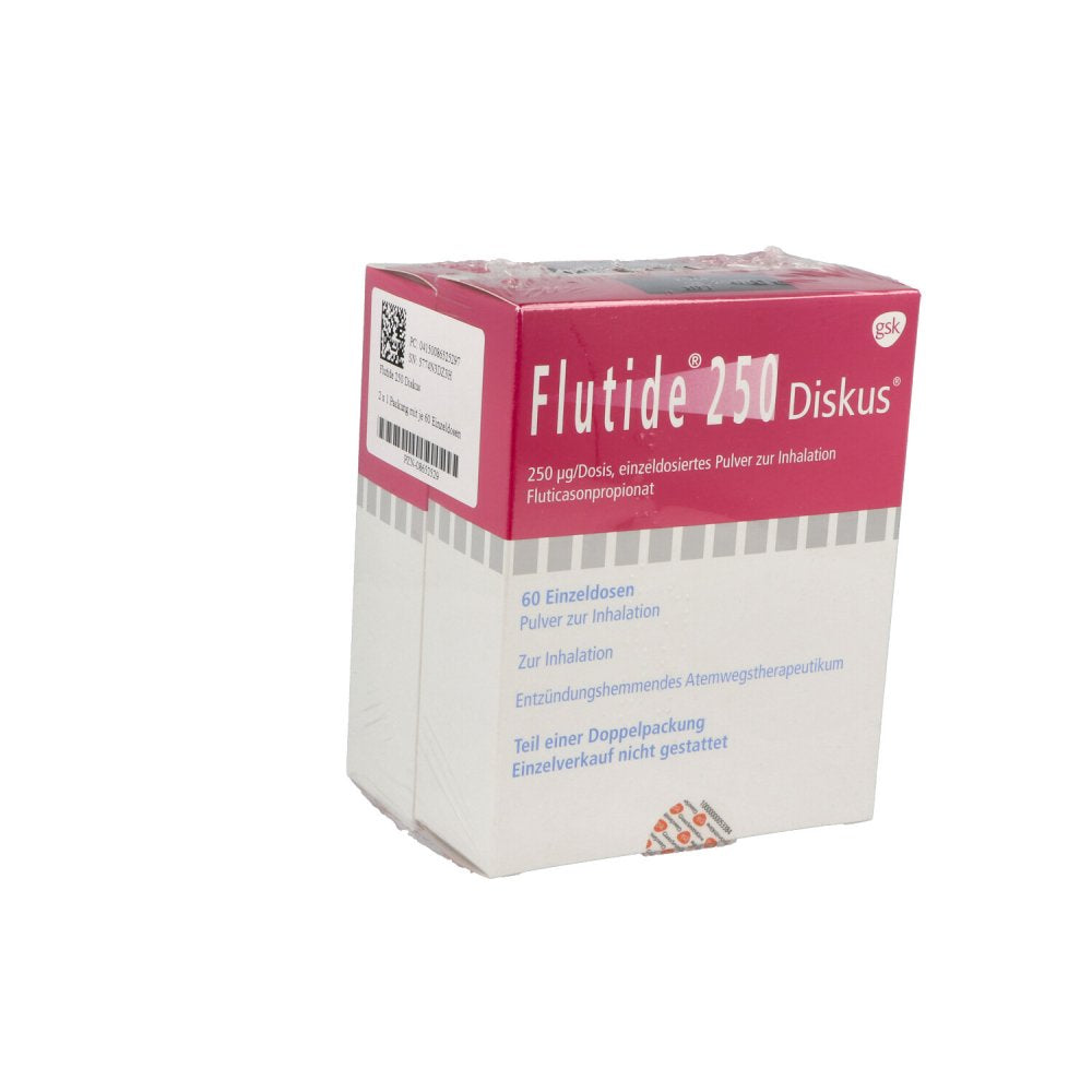 Das Produktfoto zeigt Flutide 250 Diskus Einzeldos.Plv.Z.Inhalat. (2X60 stk) PZN 08652529
