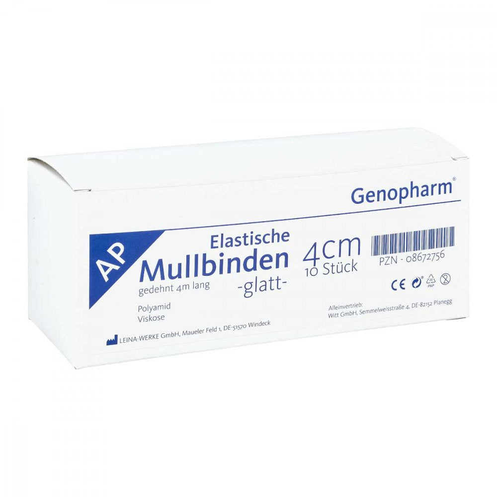 Das Produktfoto zeigt Mullbinden Elastisch 4 Cmx4 M Genopharm (10 stk) PZN 08672756