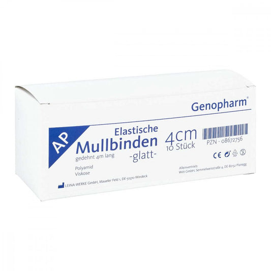 Das Produktfoto zeigt Mullbinden Elastisch 4 Cmx4 M Genopharm (10 stk) PZN 08672756