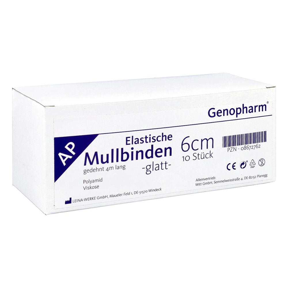 Das Produktfoto zeigt Mullbinden Elastisch 6 Cmx4 M Genopharm (10 stk) PZN 08672762
