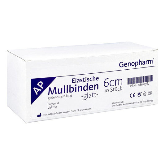 Das Produktfoto zeigt Mullbinden Elastisch 6 Cmx4 M Genopharm (10 stk) PZN 08672762