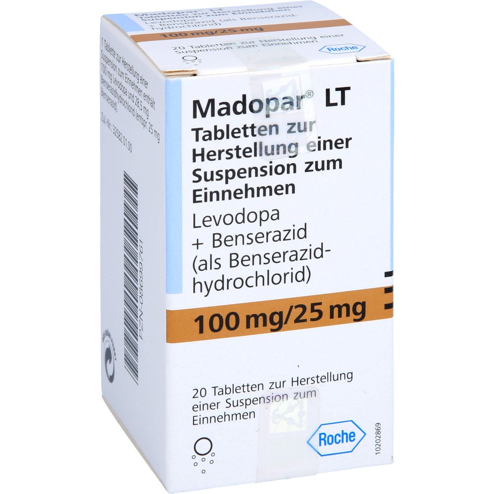 Das Produktfoto zeigt Madopar Lt Tabl.Z.Herst.E.Susp.Z.Einnehmen (20 stk) PZN 08699761