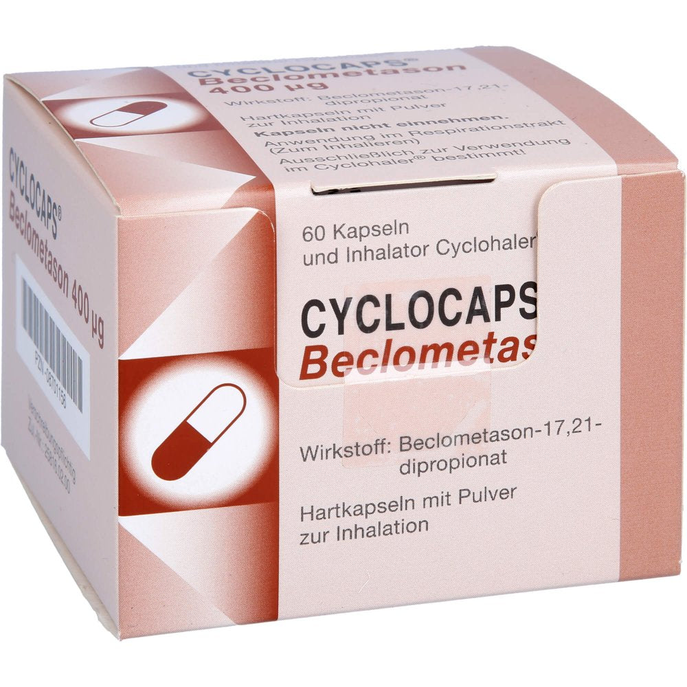 Das Produktfoto zeigt Cyclocaps Beclometason 400 Μg Inh.Kaps.+Cyclohaler (60 stk) PZN 08701156