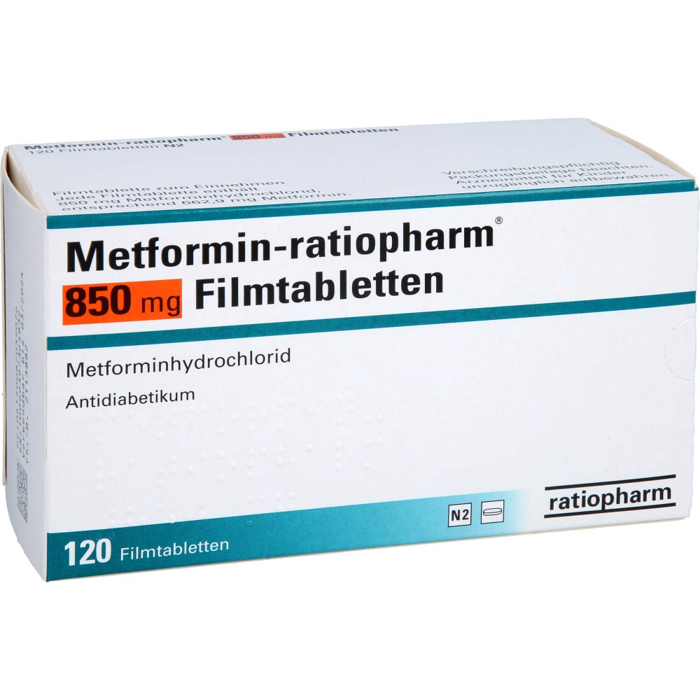 Das Produktfoto zeigt Metformin-Ratiopharm 850 Mg Filmtabletten (120 stk) PZN 08703907