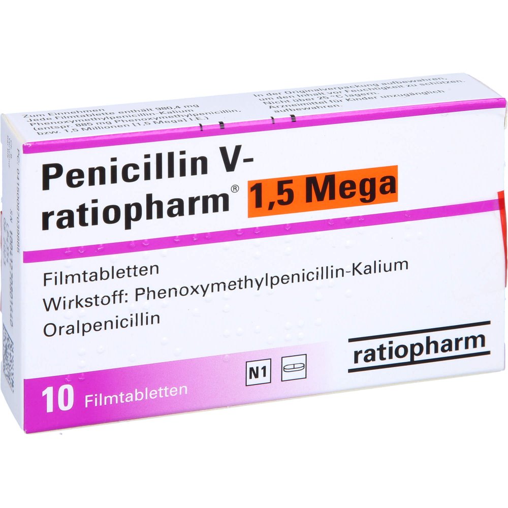 Das Produktfoto zeigt Penicillin V-Ratiopharm 1,5 Mega Filmtabletten (10 stk) PZN 08703988