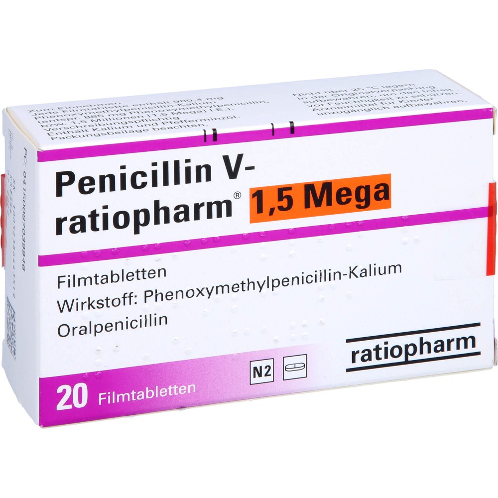 Das Produktfoto zeigt Penicillin V-Ratiopharm 1,5 Mega Filmtabletten (20 stk) PZN 08703994