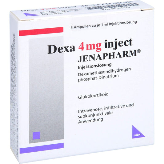 Das Produktfoto zeigt Dexa 4 Mg Inject Jenapharm Inj.-Lösung Amp. (5X1 ml) PZN 08704338