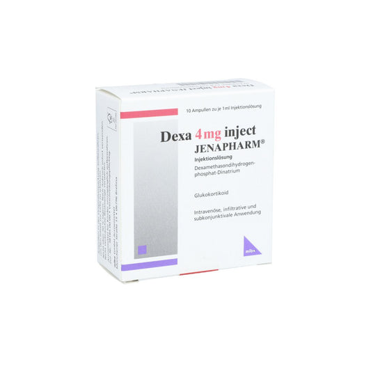 Das Produktfoto zeigt Dexa 4 Mg Inject Jenapharm Inj.-Lösung Amp. (10X1 ml) PZN 08704344