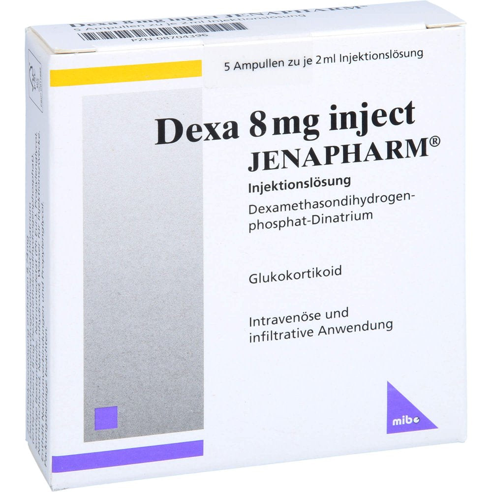 Das Produktfoto zeigt Dexa 8 Mg Inject Jenapharm Inj.-Lösung Amp. (5X2 ml) PZN 08704396