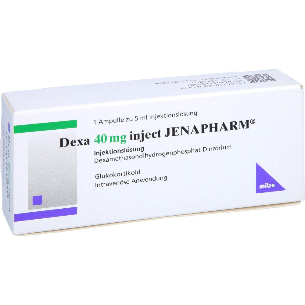 Das Produktfoto zeigt Dexa 40 Mg Inject Jenapharm Inj.-Lösung Amp. (1X5 ml) PZN 08704491